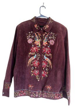Avanti Real Suede Floral Embroidered Jacket Women XL Burgundy Bird Novelty Boho